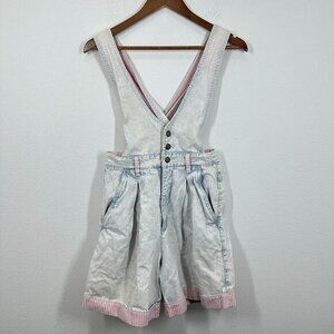 RIO Vintage‎ 80s Denim One Piece Shortall Romper Acid Washed Pink Striped Hem